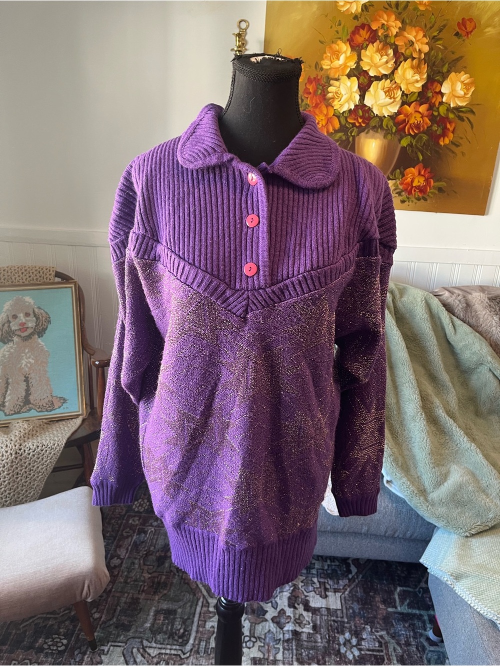 Women's Vintage Purple Collared Knit Sweater Size L